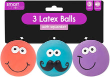 Load image into Gallery viewer, 12 Pack Throw & Fetch Squeaky Latex Smiley Dog Balls 3 Pack Assorted