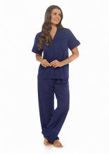 Afbeelding in Gallery-weergave laden, 6 Pack Ladies Navy Knitted Jaquard Traditional Button Short Sleeve Pyjama Set