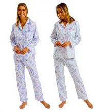 Lade das Bild in den Galerie-Viewer, Ladies Brushed 100% Cotton Floral Bouquet Print Wincyette Revere Collar Pyjamas
