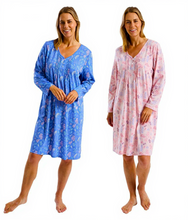 تحميل الصورة إلى عارض المعرض، Ladies Polycotton Autumn Leaf Pintuck Soft Knitted Jersey Long Sleeve Nightdress
