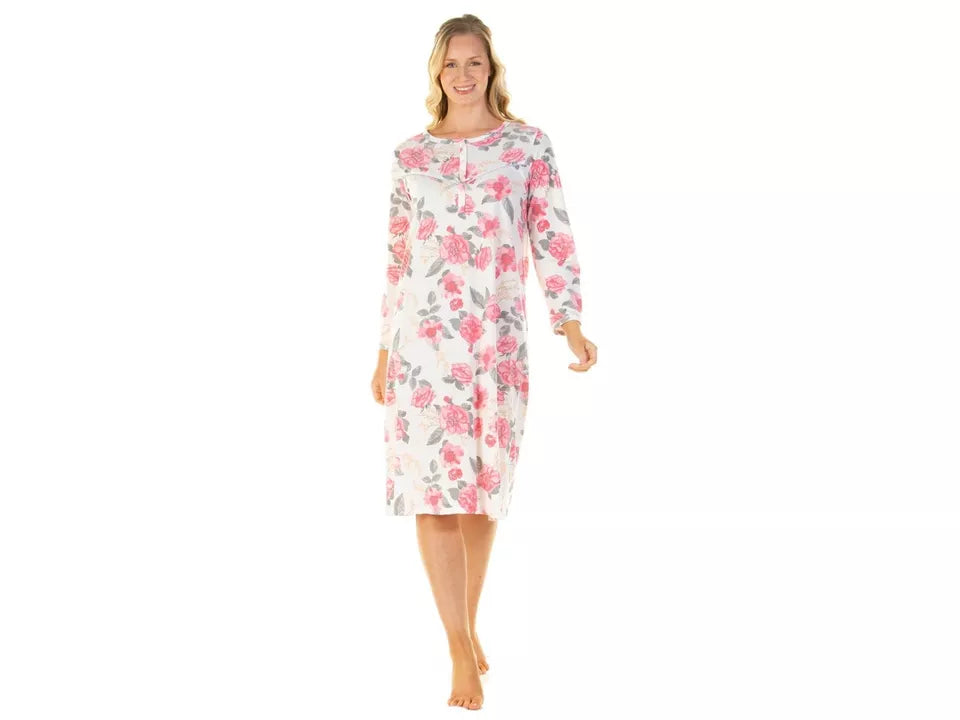 Ladies Roses Floral Jersey Long Sleeve Nightdress