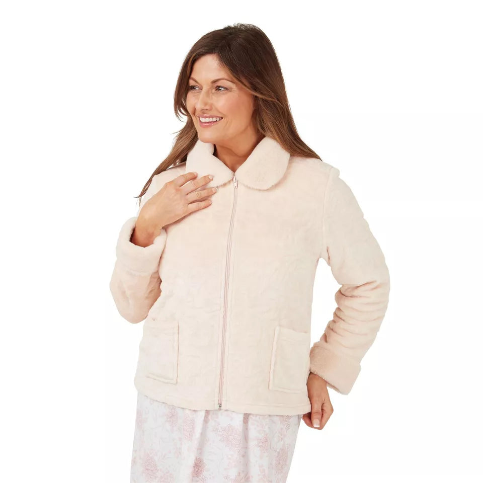 Ladies Luxury Swirl Fleece Zipped Bedjacket With Faux Fur Collar