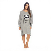 Load image into Gallery viewer, Ladies Long Sleeved Panda Print One Sized Jersey Nightshirt Grey
