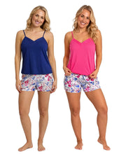 تحميل الصورة إلى عارض المعرض، Ladies Vibrant Floral Print Satin &amp; Jersey Short Pyjama Set Navy &amp; Cerise
