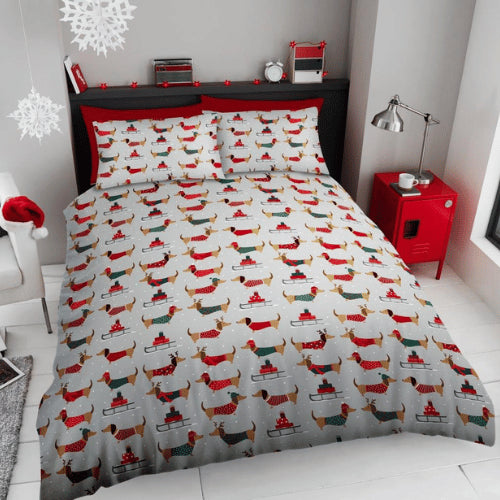 Ultra Soft Xmas Snowy Sausage Dog Duvet Cover Set