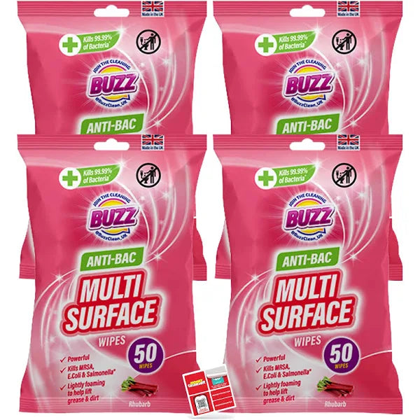 Buzz Multi Surface Anti Bac Wipes Rhubarb 4x 50 Pack