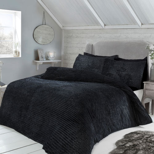 Sparkle Ribbed Fleece Duvet Cover Bedding Set Black