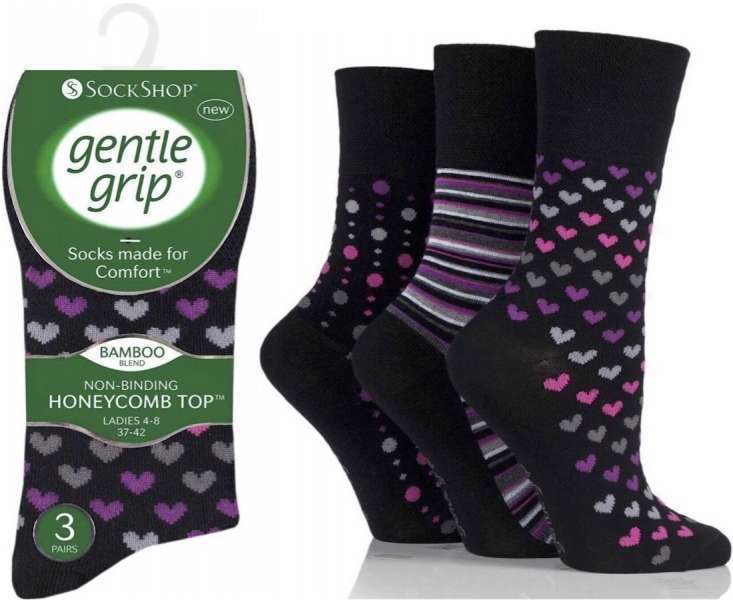 6 Pairs Ladies Bamboo Gentle Grip Non Binding Socks Black Multi