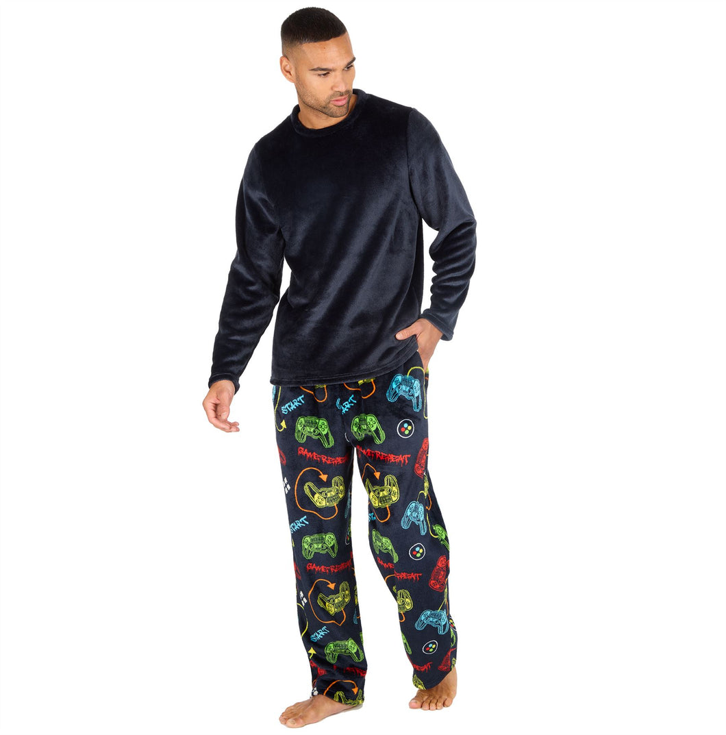 Men's Plain Top & Printed Navy Controller Pant Lounge Pyjama Set