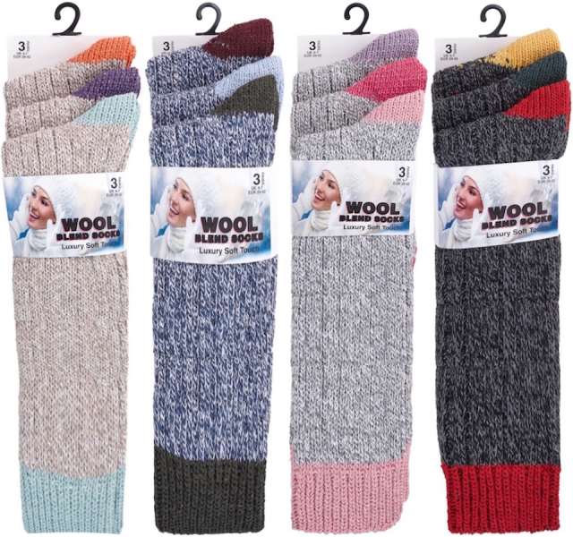 6 Pairs Ladies Chunky Wool Blend Non Elastic Long Hose Hiking Boot Socks UK 4-7 Assorted