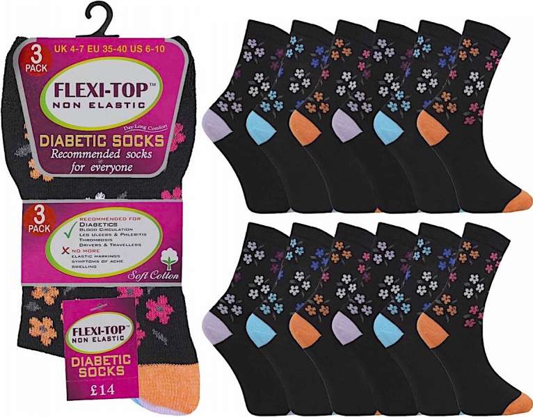 6 Pairs Ladies Blossom Non Binding Loose Elasticated Soft Top Socks UK 4-7