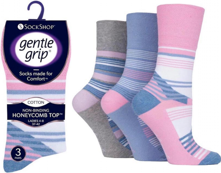 6 Pairs Ladies Gentle Grip Cotton Rich Non Binding Honeycomb Loose Top Socks 4-8 Pink Stripes)