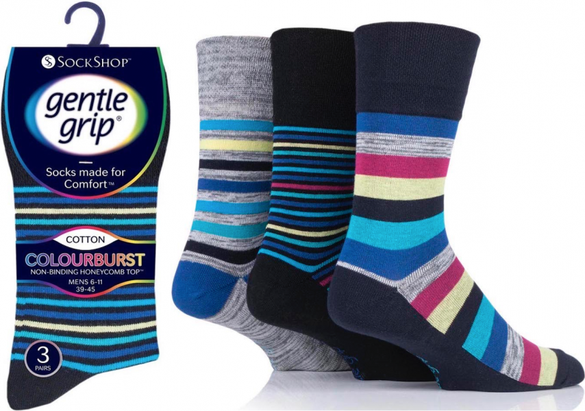 12 Pairs Men's ColourBurst Gentle Grip Cotton Stripe Socks