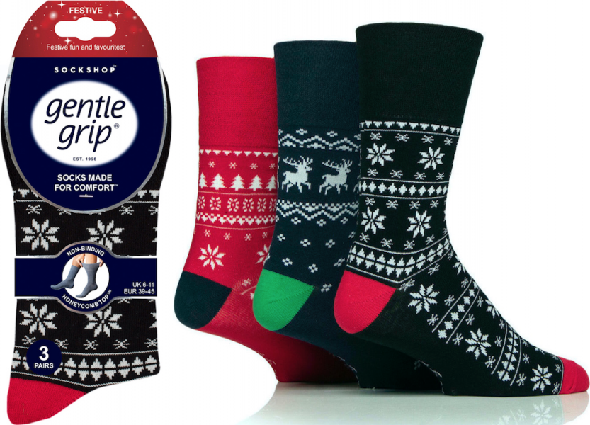 Men's Novelty Christmas Fair-Isle Gentle Grip Socks 3 Pair