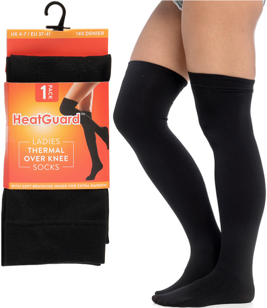 3 Pairs Ladies Black 140 Denier Thermal Soft Over Knee Socks UK 4-7