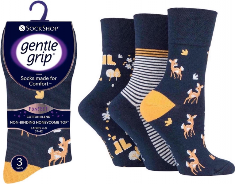 6 Pairs Ladies Gentle Grip Fun Feet Non Binding Honeycomb Loose Top Socks 4-8 Woodland Walk