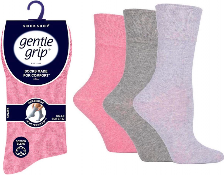 6 Pairs Ladies Gentle Grip Cotton Rich Non Binding Honeycomb Loose Top Socks 4-8 Pink Mix