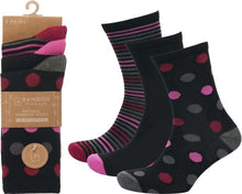 Load image into Gallery viewer, 6 Pairs Ladies Spots &amp; Stripes Super Soft Bamboo Comfort Soft Top Socks
