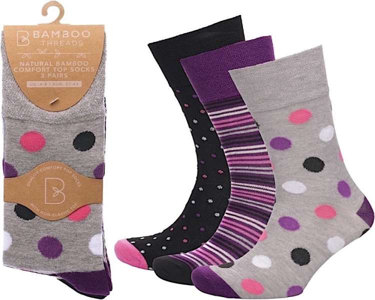 6 Pairs Ladies Spots & Stripes Design Non Binding Loose Elasticated Soft Top Socks UK 4-7