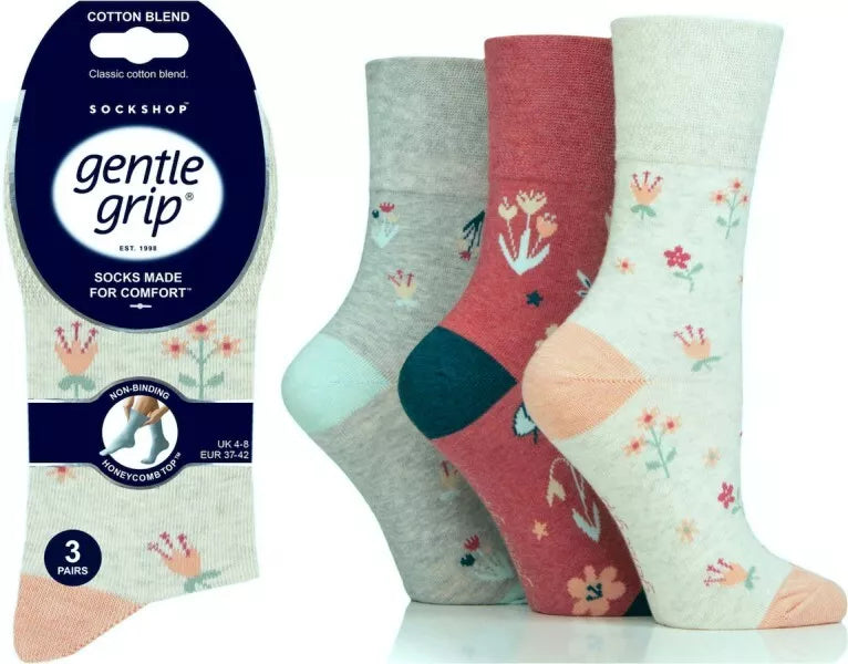 6 Pairs Ladies Gentle Grip Cotton Rich Non Binding Honeycomb Loose Top Socks 4-8 Floral Memoir