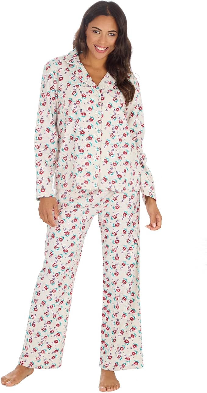 Ladies Floral 100% Cotton Wincyette Long Sleeve Pyjamas Cream