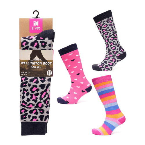 3 Pairs Ladies Wool Blend Wellington Boot Socks UK 4-8 Mixed Design