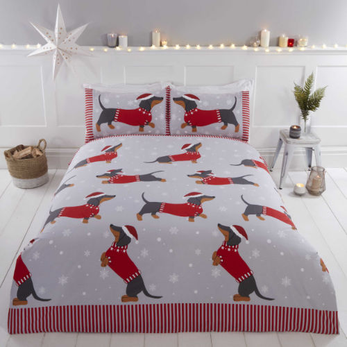 Dachshund Through The Snow Christmas Duvet Cover Bedding Set Multi