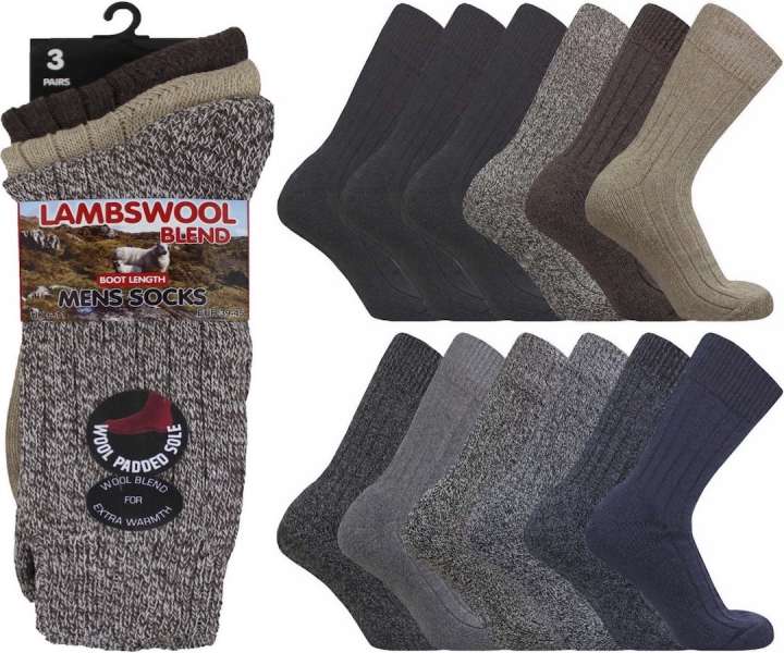 6 Pairs Men's Chunky 20% Wool Blend Padded Cushioned Sole All-Terrain Boot Socks UK 6-11