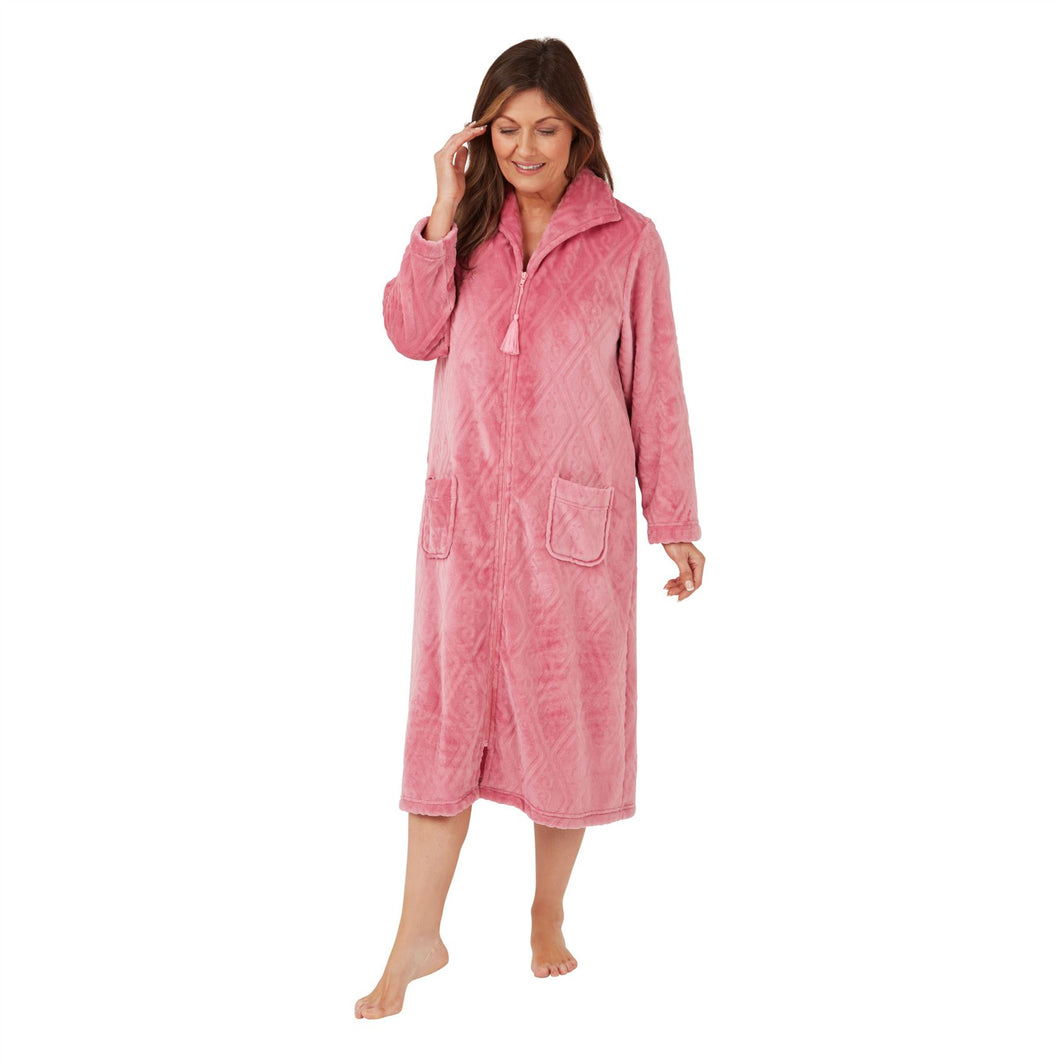 Ladies Diamond Motif Embossed Cosy Fleece Zip Gown