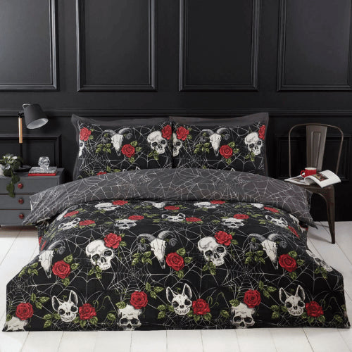 Halloween Skulls and Roses Reversible Duvet Cover Bedding Set