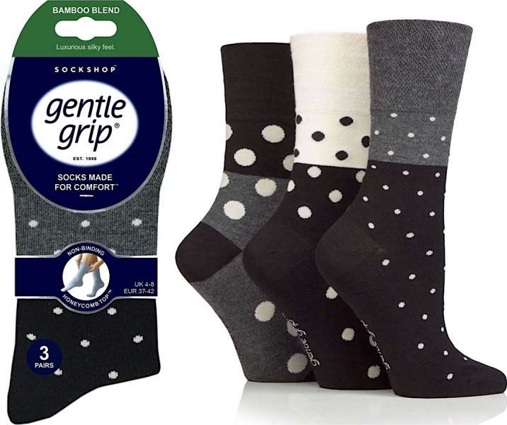 6 Pairs Ladies Bamboo Gentle Grip Non Binding Socks Spots Black