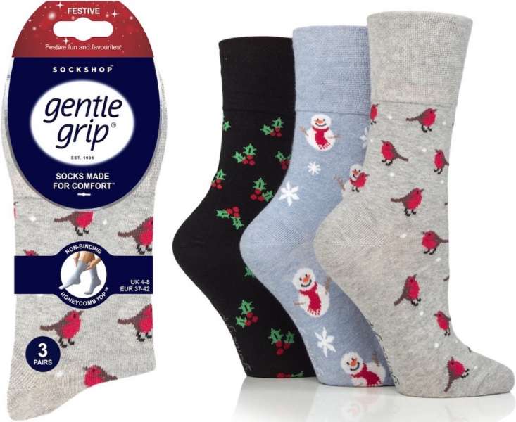 3 Pairs Ladies Gentle Grip Non Binding Noel Socks