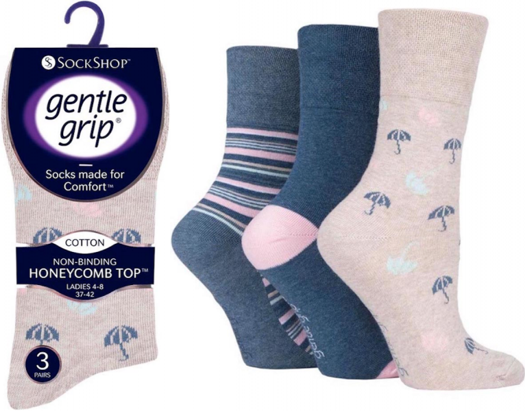 6 Pairs Ladies Gentle Grip Cotton Rich Non Binding Honeycomb Loose Top Socks 4-8 Rainy Days