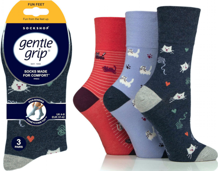 6 Pairs Ladies Gentle Grip Cotton Rich Non Binding Honeycomb Loose Top Socks 4-8  I'm a Cat Person