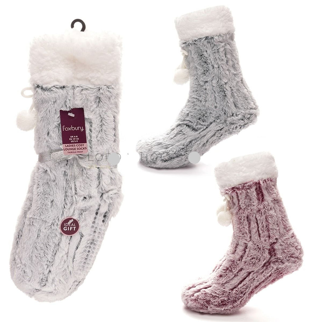 Ladies Furry Lounge Socks with Sherpa Lining & Pom Pom