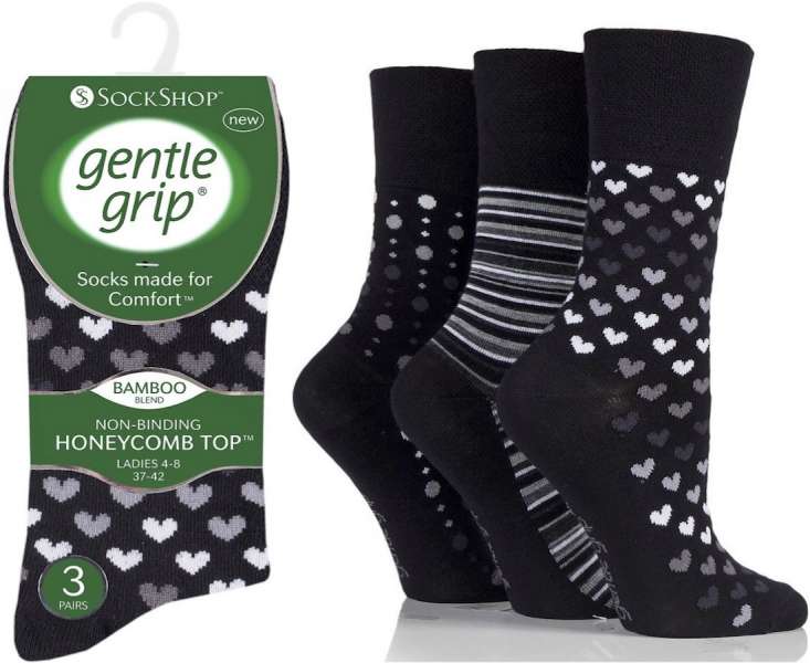 6 Pairs Ladies Bamboo Gentle Grip Non Binding Socks Hearts & Stripes Black