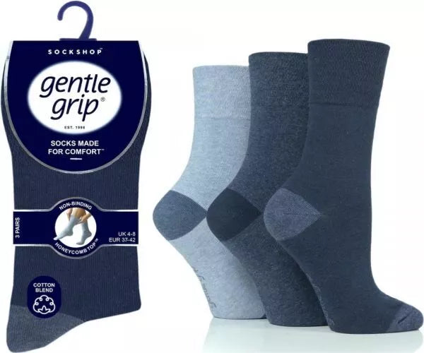 6 Pairs Ladies Gentle Grip Cotton Rich Non Binding Heel Toe Socks UK 4-8 Denim Navy