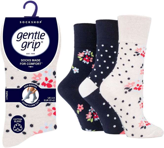 6 Pairs Ladies Gentle Grip Cotton Rich Non Binding Honeycomb Loose Top Socks 4-8 Floral