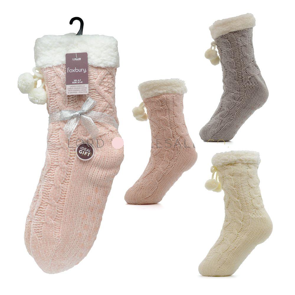 Ladies Chenille Cable Lounge Socks With Sherpa Lining & Pom Pom