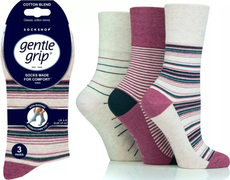 6 Pairs Ladies Gentle Grip Cotton Rich Non Binding Honeycomb Loose Top Socks 4-8 Embrace Stripes