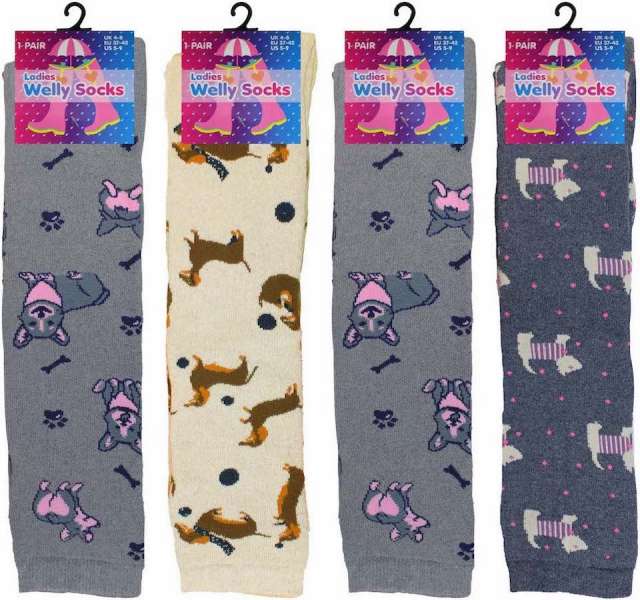 3 Pairs Ladies Cute Dogs Knee High Equestrian Wellington Boot Socks UK 4-8