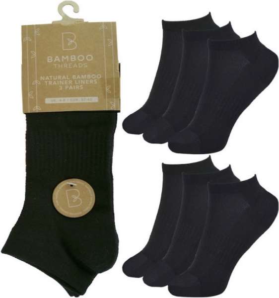 6 Pairs Ladies Bamboo Plain Arch Support & Ventilated Top Trainer Liner Socks Black