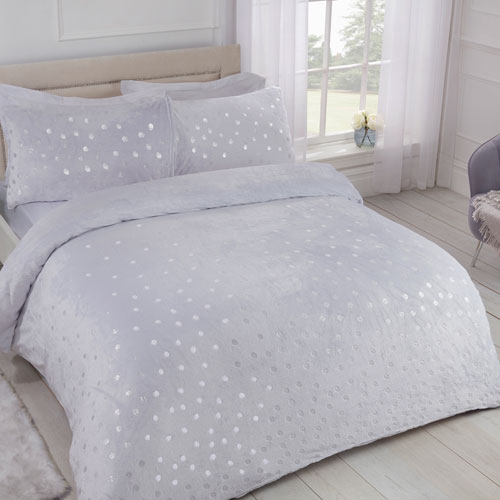 Comfy Fleece Foil Dots Duvet Cover Bedding Set Silver