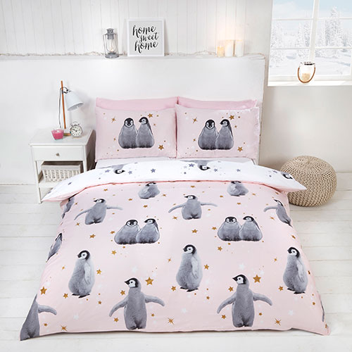 Starry Penguins Reversible Duvet Cover Bedding Set Pink