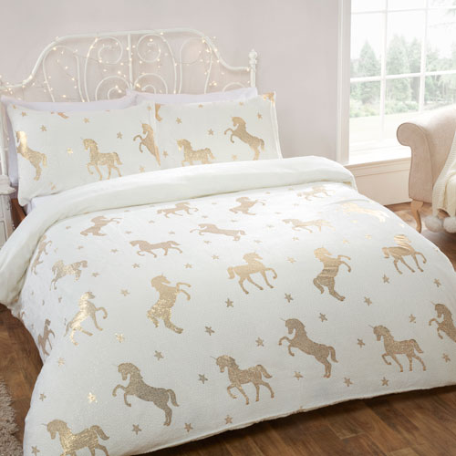 Comfy Fleece Foil Unicorn Duvet Cover Bedding Set Cream