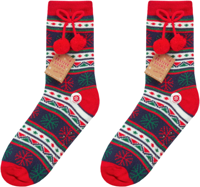 Ladies Festive Lounge Sherpa Fleece Lined Slipper Socks with Gripper Sole