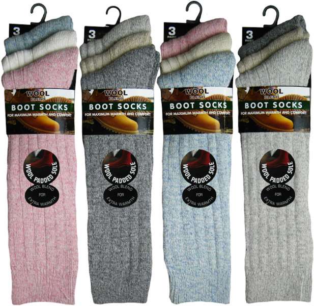 6 Pairs Ladies Chunky Long Hose Wool Blend Non Elastic Cushion Sole Hiking Boot Socks UK 4-8