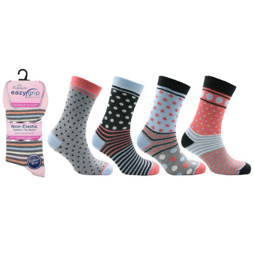 6 Pairs Ladies Eazygrip Non Binding Spots & Stripes Ankle Socks UK Size 4-7