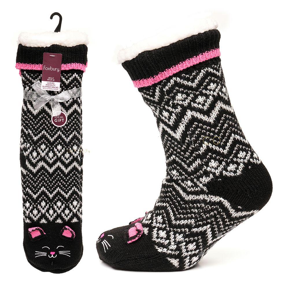 Ladies Fairisle Knitted 3D Cat Slipper Socks with Sherpa Lining & Grips