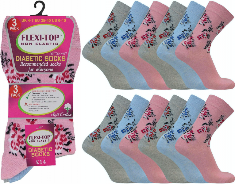 6 Pairs Ladies Floral Pink Non Binding Loose Elasticated Soft Top Socks UK 4-7